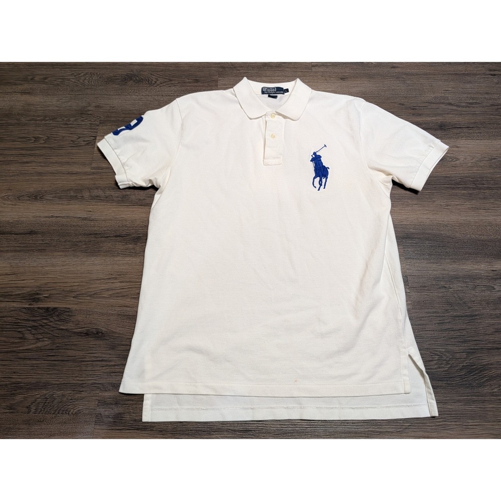 Polo Ralph Lauren Mens Large Cream Big Pony Short Sleeve Pique Polo Shirt Blue